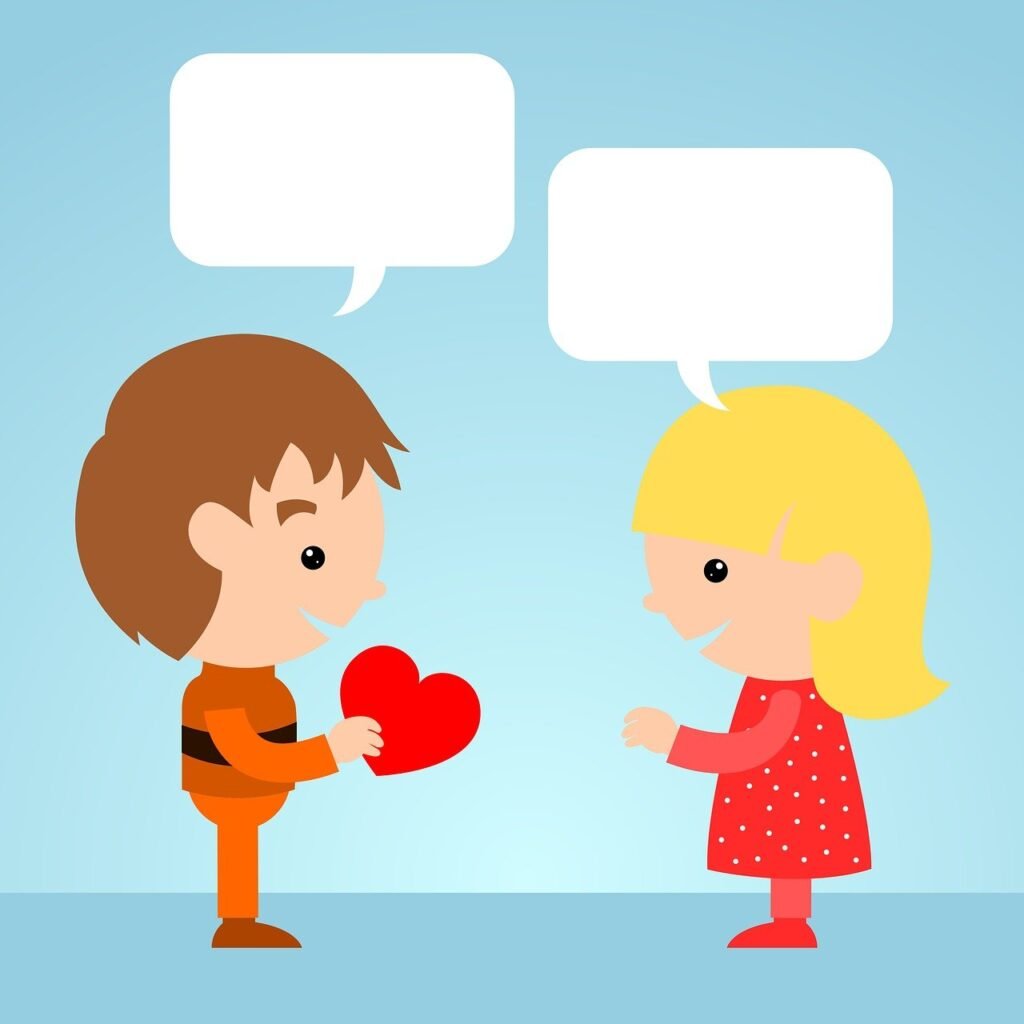 a man talking to a woman